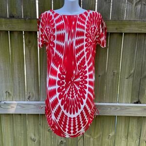 Milly of New York cinched side red & white psychedelic mini dress